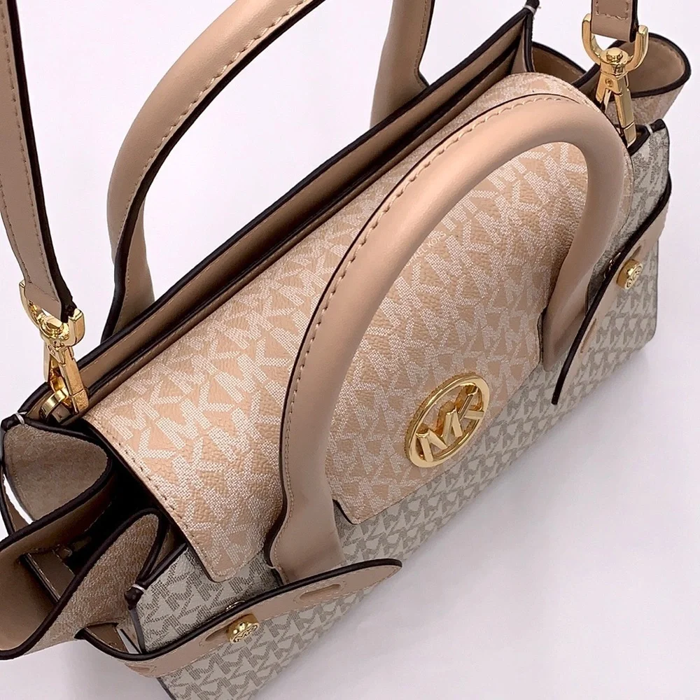 MICHAEL KORS Carmen Medium Color-Block Logo Satchel color Buff Multi
